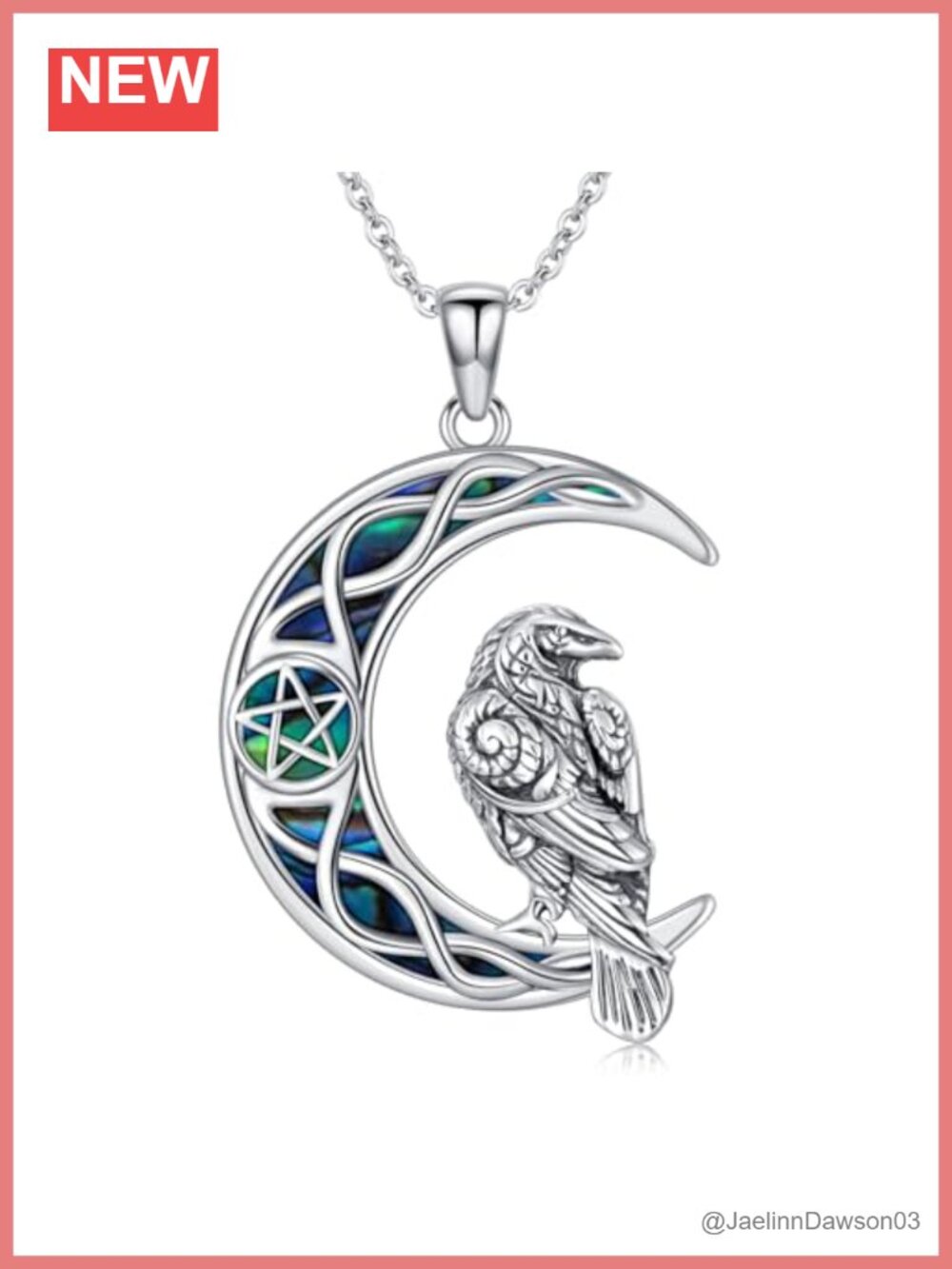 925 Sterling Silver Abalone Raven Pentagram Pendant Necklace Celtic Viking